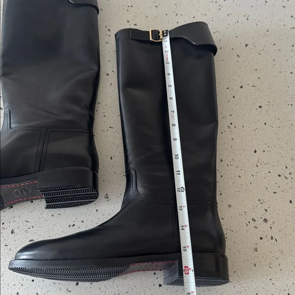 Mara Bini Black Knee-High Leather Boots Gold Buckle Sleek Pull-On Design Size 37
